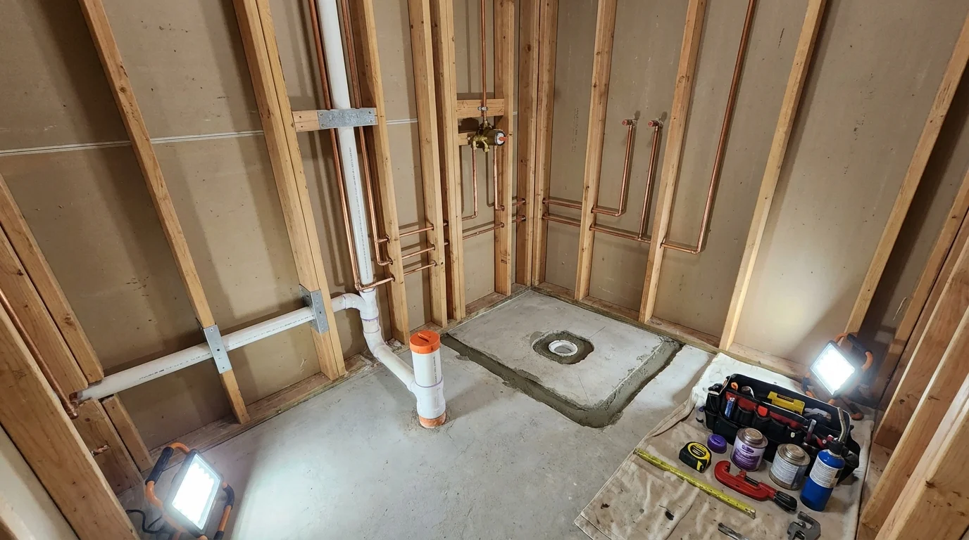 Bathroom rough-in plumbing during remodel by Johns Plumbing LLC in Lampasas