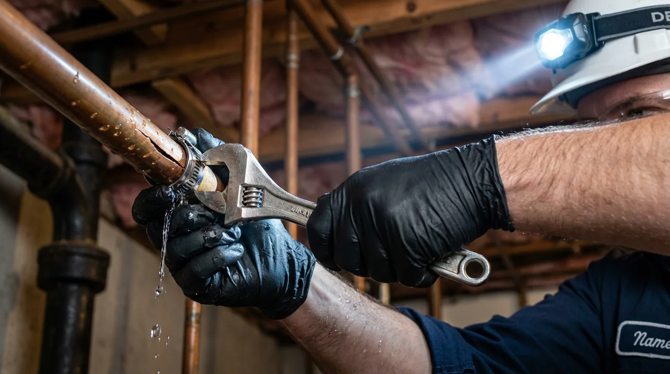 Emergency pipe clamp repair being performed by a Johns Plumbing LLC plumber in Lampasas