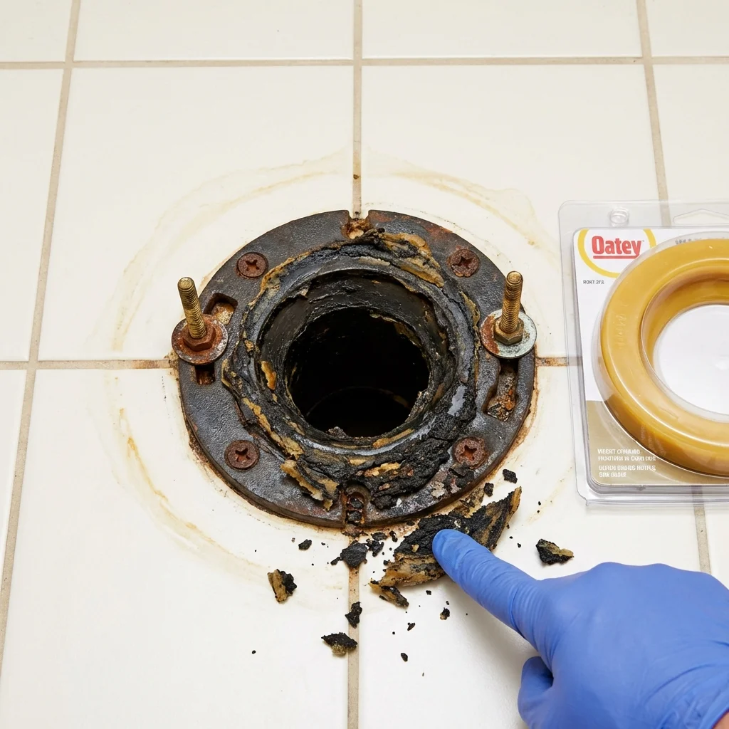 Failed wax ring showing water seepage at the base of a toilet in a Lampasas, TX home