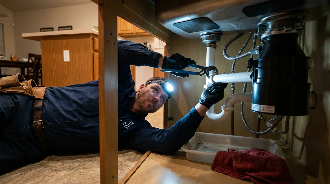 P-trap and supply line connections under a kitchen sink showing a common leak point in Lampasas, TX